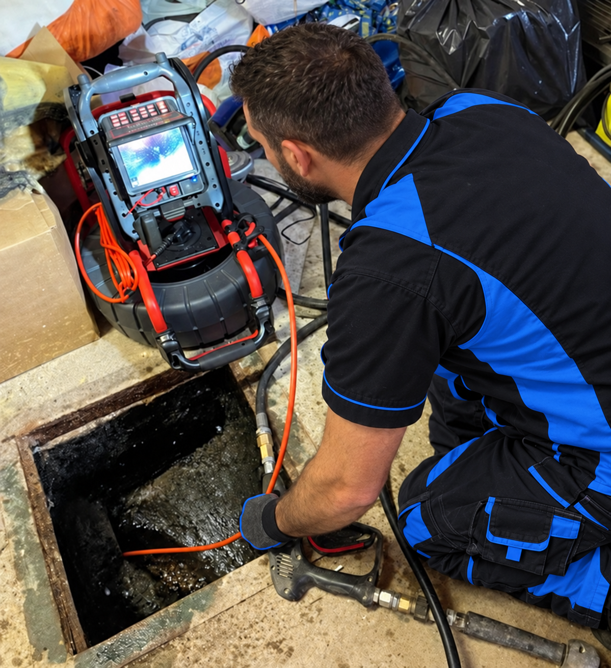 Técnico revisando una tubería con cámara y pantalla de inspección