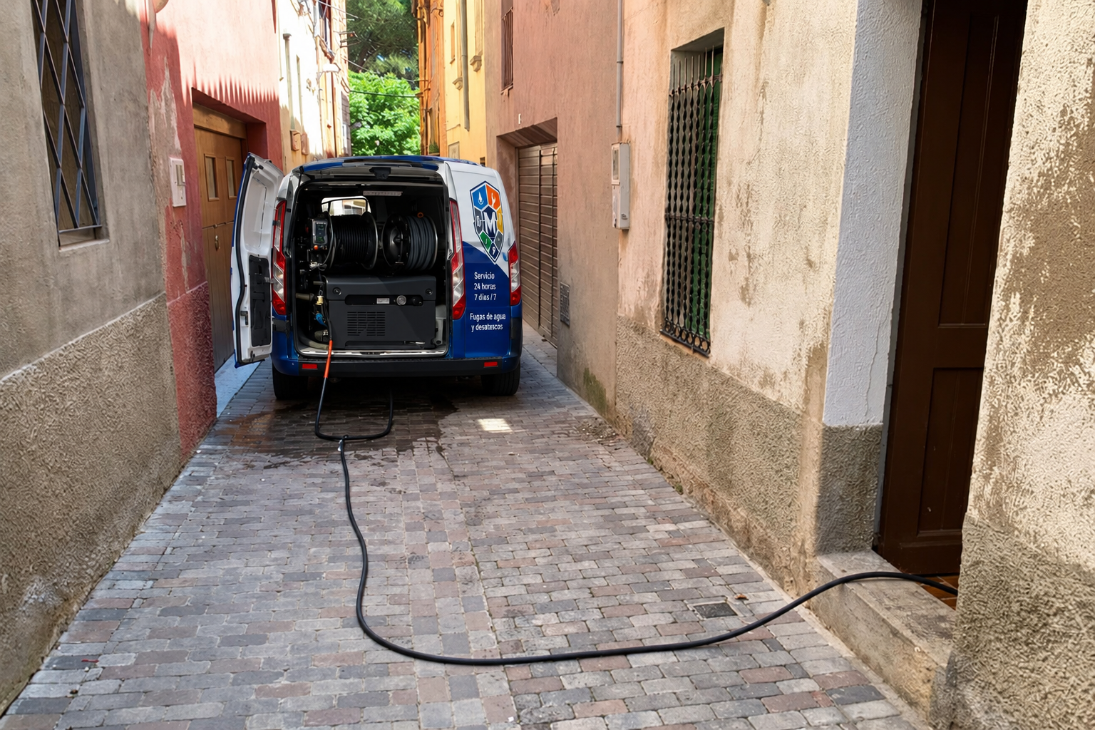 Furgoneta de trabajo en una calle estrecha